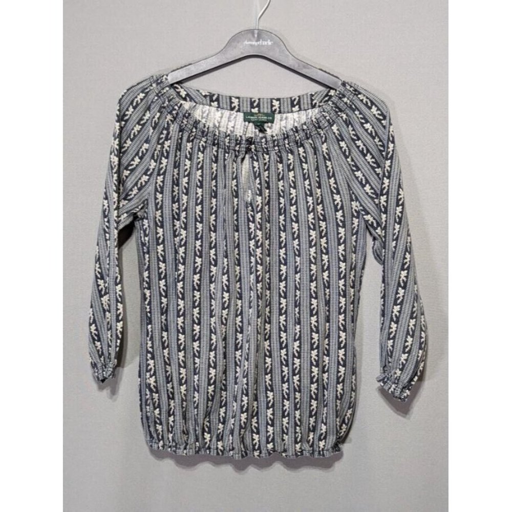 RALPH LAUREN JEANS CO. STRETCH 3/4 SLEEVES TOP BLOUSE SHIRT STRIPES KEYHOLE XS